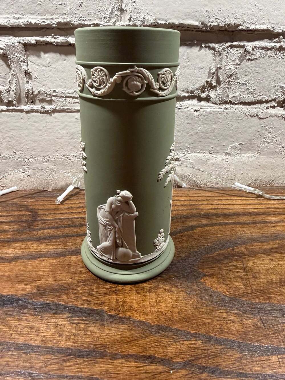 Wedgwood Sage Green Jasperware Cylindrical Spill Vase with Neoclassical Relief